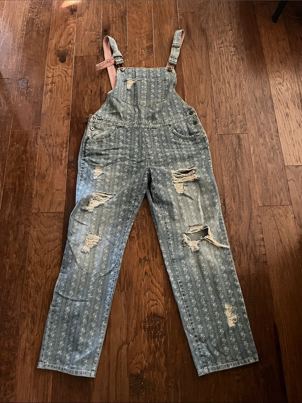 FP Distressed Light Blue Denim Overalls w/pink&white fabric on back of strap